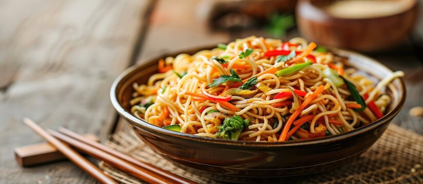 Popular Indo Chinese dishes like Schezwan Noodles vegetable Hakka Noodles or chow mein are served in a bowl or plate with wooden chopsticks featuring a selective focus for copy space image