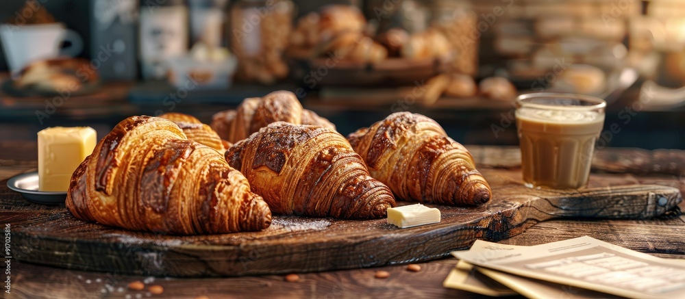 Poster A brown wooden table showcases freshly baked almond croissants in a bakery setting with butter and an array of coffee menus creating a cozy atmosphere with a copy space image