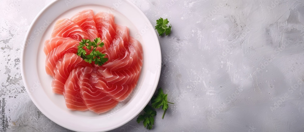Poster sliced otoro a luxurious type of fatty tuna beautifully presented on the plate with a blank space fo