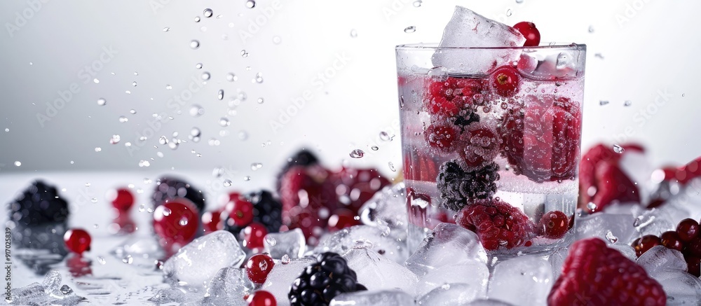 Poster A summer drink featuring ice cubes infused with a mix of raspberries blackberries red and black currants It has a cold and refreshing appeal with selective focus on a copy space image