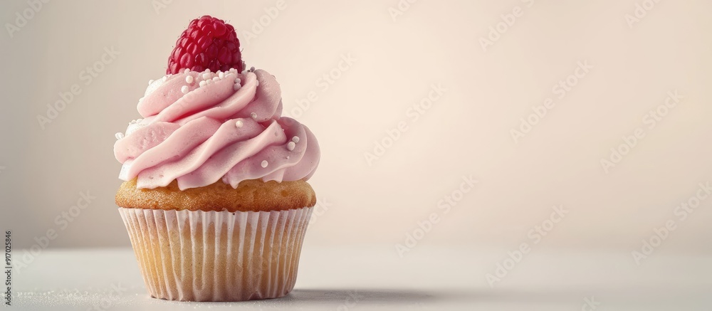 Poster delicious cupcake topped with buttercream on a white backdrop with copy space image