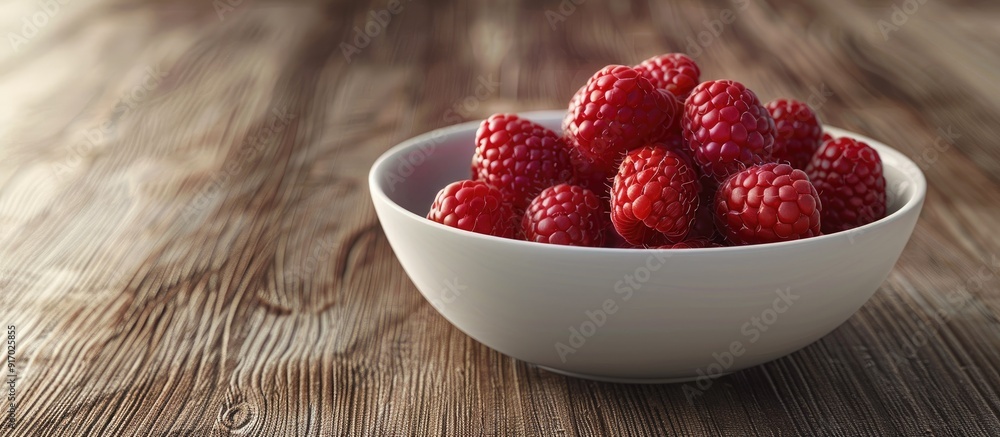 Poster A white bowl containing a raspberry fruit placed on a wooden surface with empty space for additional images