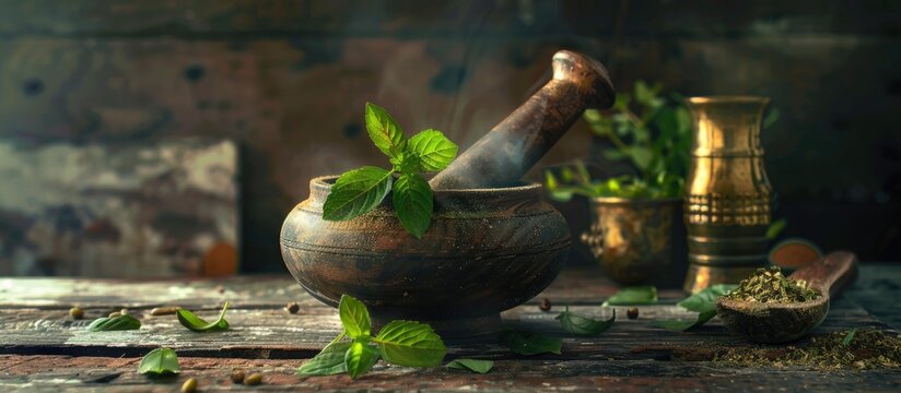 Mortar and pestle being used to grind Ayurvedic herbs in a traditional setup with a rustic ambiance perfect for a copy space image