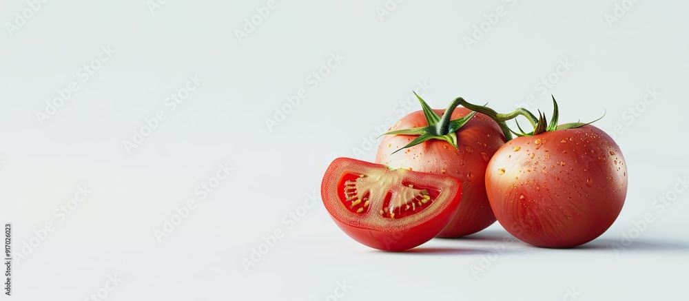 Poster Tomato vegetables with one whole and sliced displayed on a white background for a copy space image