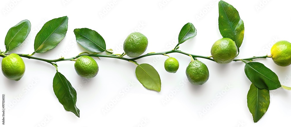 Poster Close up of limes on stem with leaves isolated on a white background Perfect for copy space image