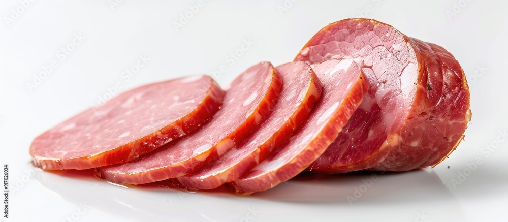 Poster Isolated on a white background is a sliced boiled ham sausage seen in the copy space image