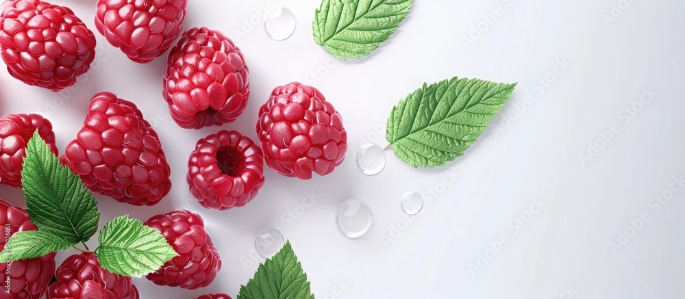 Poster Fresh ripe raspberry with green leaf on white background perfect as a copy space image