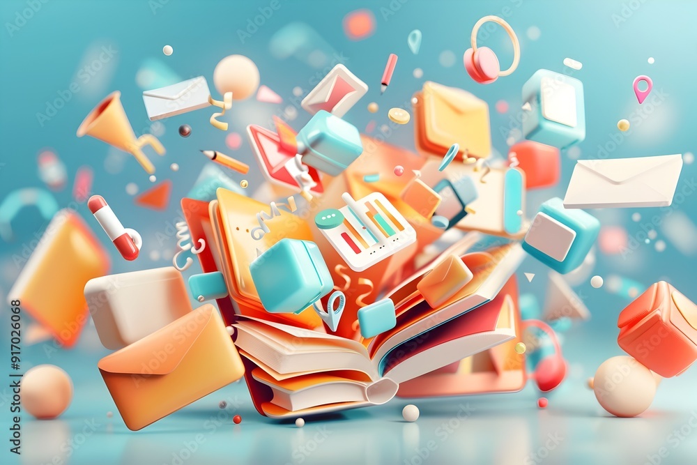 Poster 3d colorful objects and book in mid air.