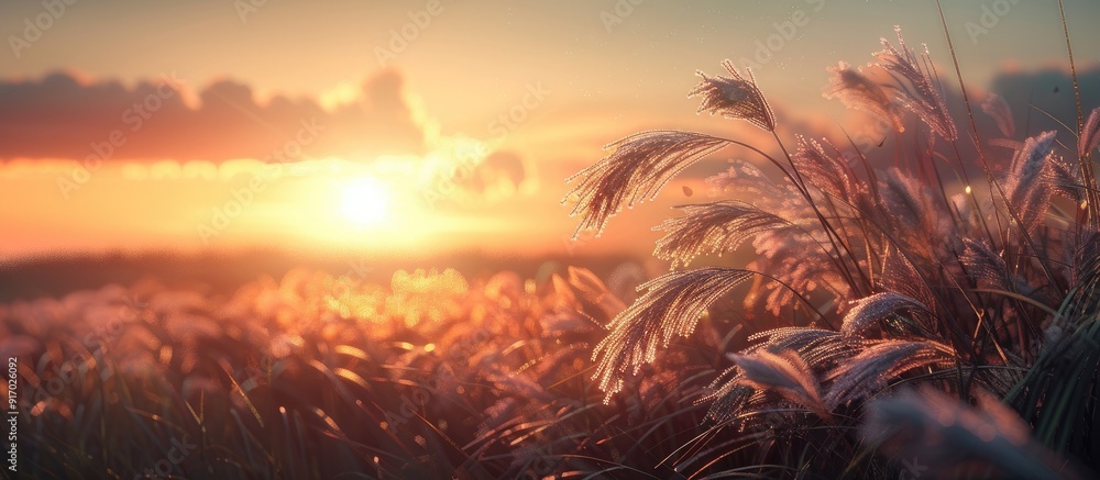 Poster sunrise illuminating a phalaris arundinacea with copy space image