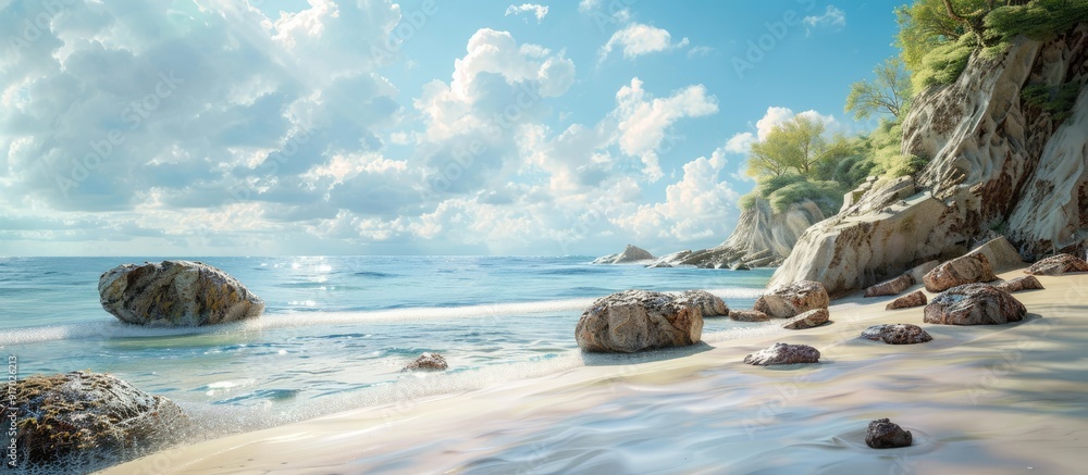 Aufkleber seascape with rocks and sandy beach providing a beautiful view in the copy space image