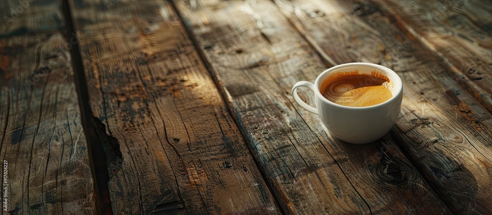 Poster close up shot of a cup of coffee on a wooden surface with ample copy space image