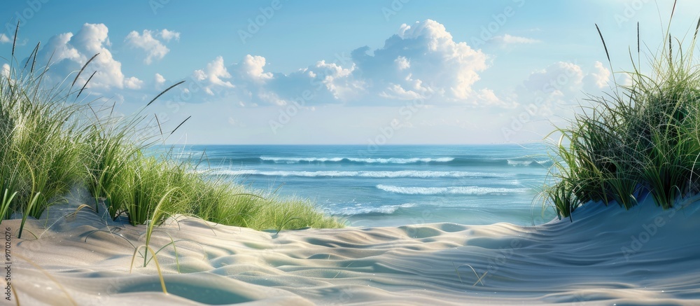 Poster A serene summer scene with a sandy beach in the front and the ocean in the back perfect as a copy space image