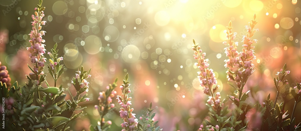 Poster Bokeh adds soft focus to a nature inspired background with plants and flowers providing a blurred effect for your copy space image