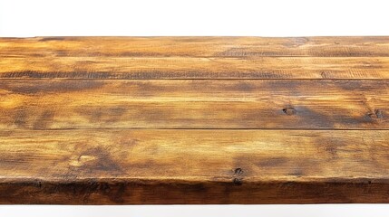 An empty rustic wooden table top with a rich brown finish, isolated on a white background, providing a perfect blank canvas for creative layouts.