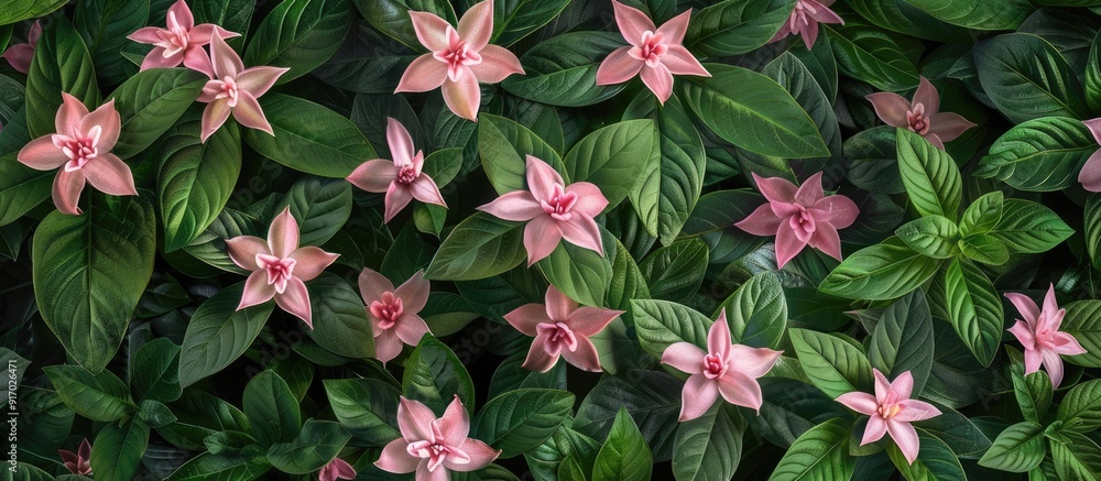 Poster Pentas lanceolata flowers in delicate pink hues are in full bloom surrounded by lush green leaves creating an elegant display in a copy space image