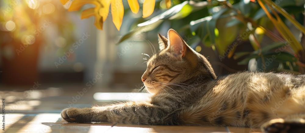 Poster an exotic breed cat lounges on a sunny day indoors set against a background with copy space image