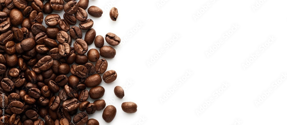 Poster Coffee beans in brown color on a white backdrop with copy space image