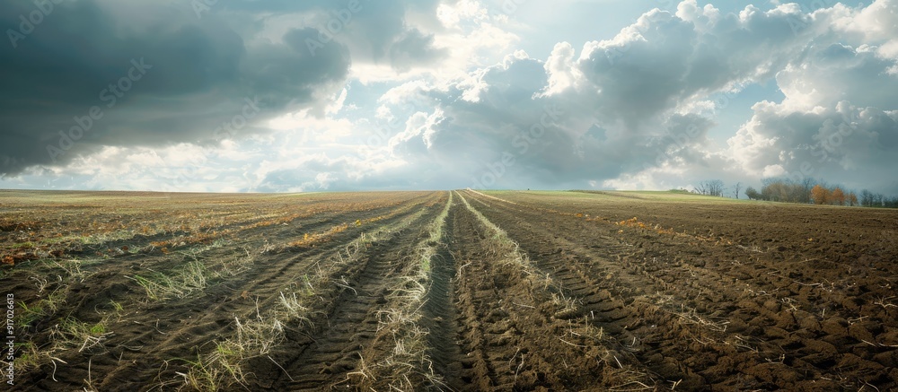 Poster autumn landscape with agricultural fields showcasing grass and soil under a cloudy sky perfect for a