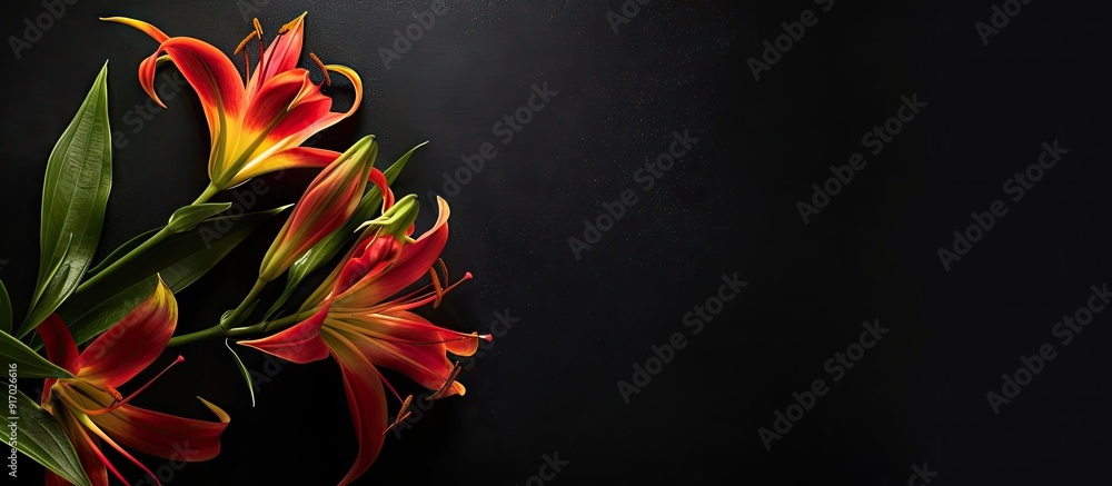 Poster flame lily red plant also known as gloriosa superba displayed in copy space image