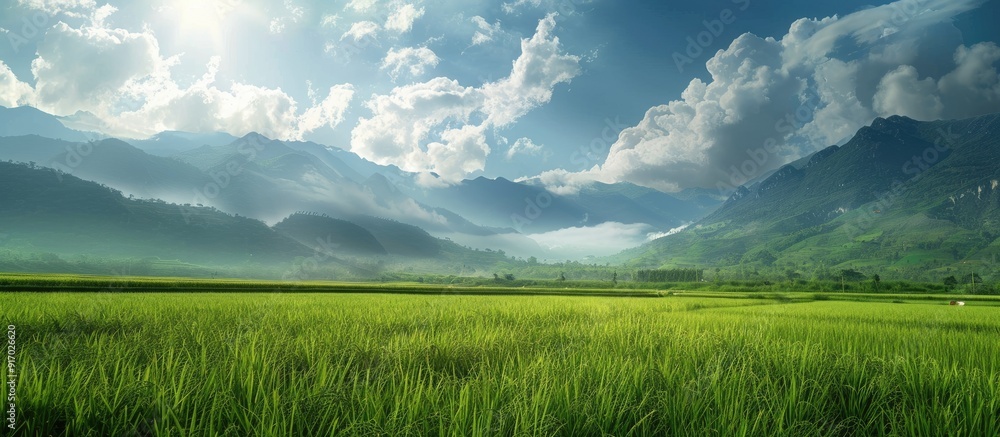 Poster scenic green rice fields with mountains and cloudy sky in a lovely copy space image