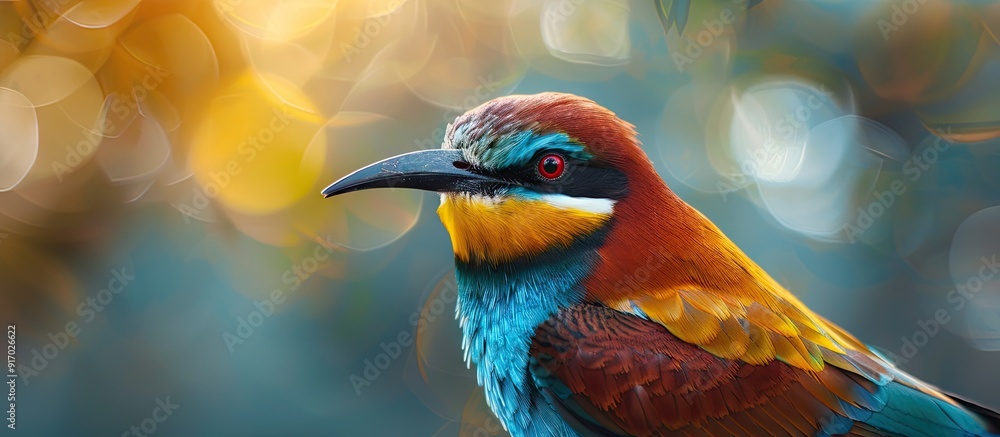 Poster a close up photo of a european bee eater merops apiaster set against a stunning blurry background wi