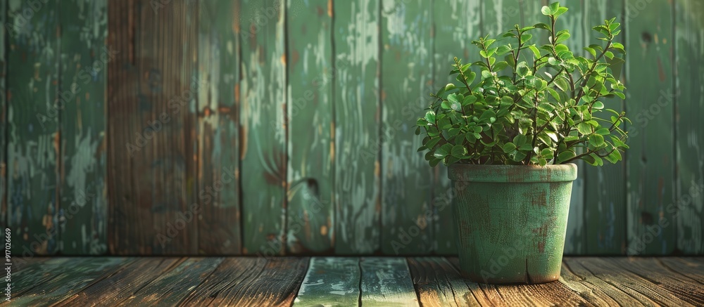 Poster green environment with a wooden background showcasing a flowerpot ideal for a copy space image