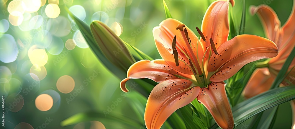 Poster close up of an orange lily flower against a blurred green plant backdrop showing the pistils and sta