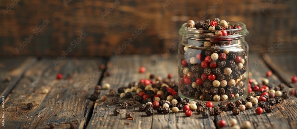 Poster Peppercorns in assorted varieties displayed in a glass container on a rustic wooden surface with ample copy space image