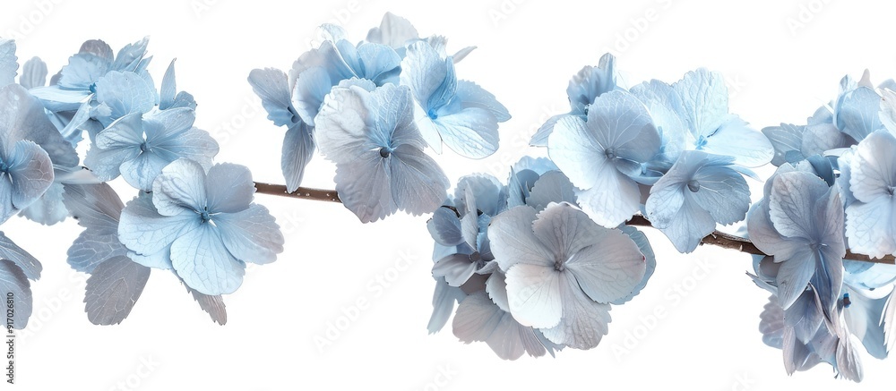 Poster isolated white background showcasing a branch of light blue hydrangea flowers in a copy space image