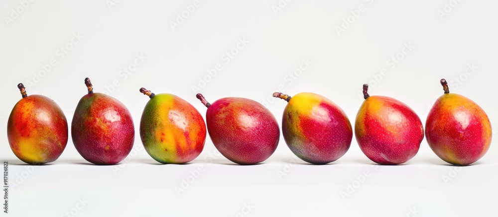 Poster a variety of vibrant red mangoes displayed on a white backdrop with clipping path for a clean and pr