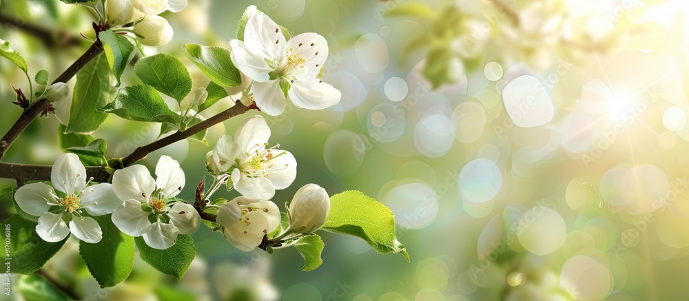 Aufkleber Spring garden setting with a blooming apple tree branch creating a picturesque scene with copy space image