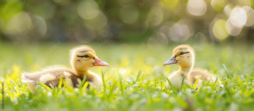 Poster A cute duckling sitting in the grass with copy space image
