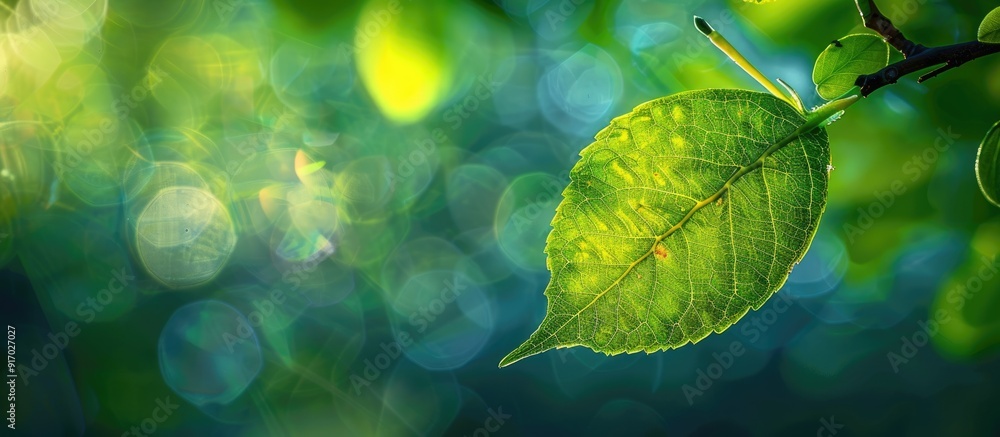 Poster A verdant leaf suspended from a tree branch with ample copy space image available