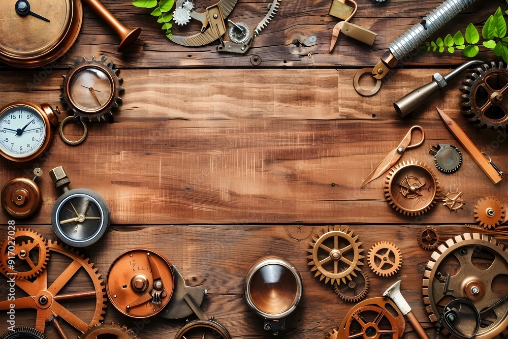Poster steampunk background with cogs and clockwork on rustic wood.