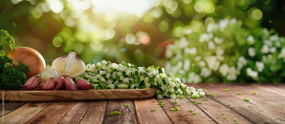 Poster freshly chopped garlic onion shallot and parsley displayed on a wooden board with copy space image