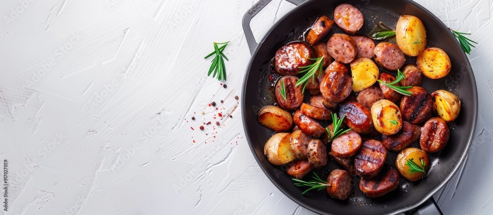 Poster a frying pan with cooked sausage and potatoes on a white background with copy space image