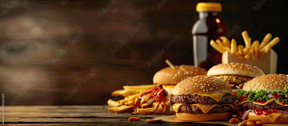 Aufkleber Assorted fast food varieties displayed on a tabletop with a close up view providing ample copy space image