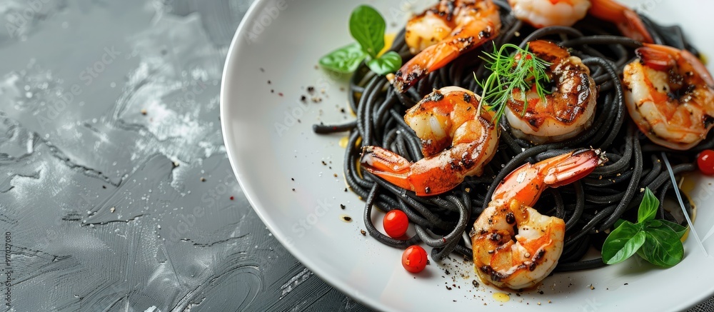 Poster shrimp with black ink sauce served over spaghetti creating a visually appealing dish with a copy spa