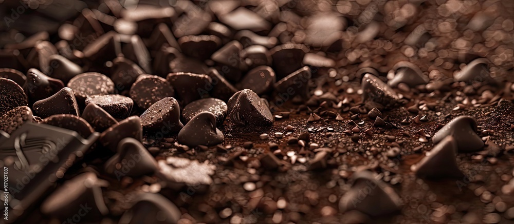 Poster A plethora of chocolate chips crumbs and chocolate remnants ideal for culinary and dessert creations create a picturesque scene in the copy space image