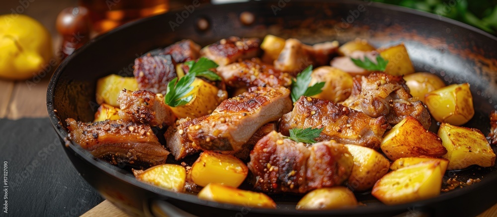 Poster close up shot of fried pork ribs and potatoes in a frying pan with copy space image available