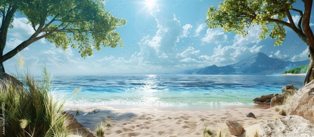 Poster Sunny beach day by the sea for serene relaxation with beautiful warm summer weather and a calming environment for a refreshing break with a tranquil atmosphere for leisure and enjoyment.