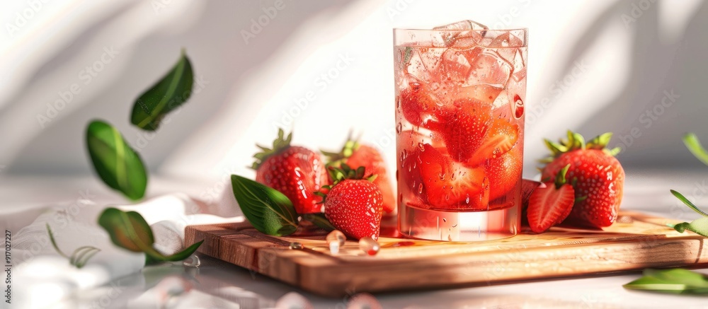 Poster A wooden board topped with a glass of strawberry lemonade set against a white backdrop creating a picturesque composition for a copy space image