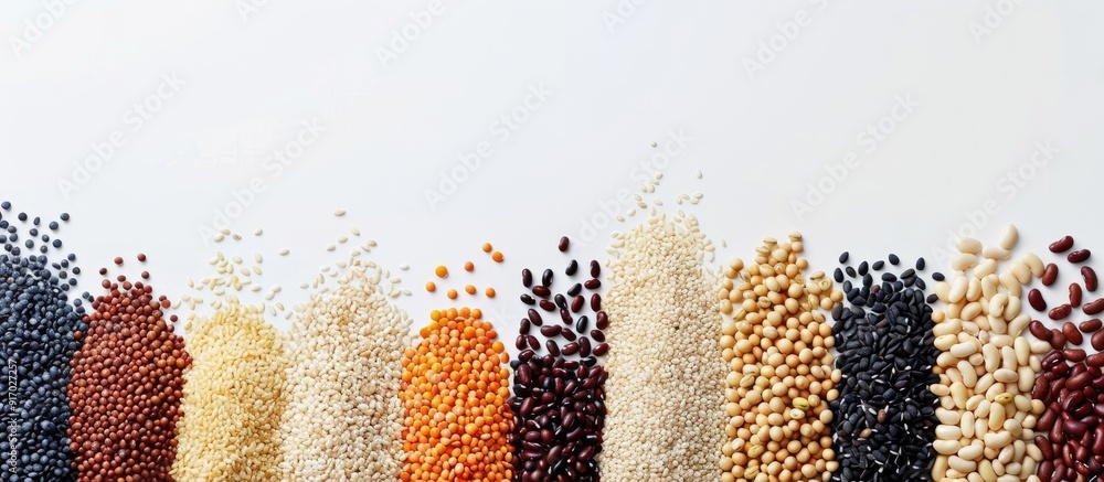 Aufkleber A variety of beans and sesame seeds displayed in a single row with blank space available for text or design known as a copy space image