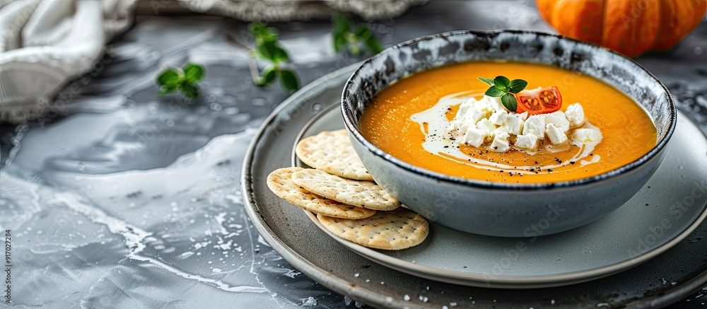 Aufkleber butternut soup served with crackers feta cheese and vegetables on a plate with copy space image
