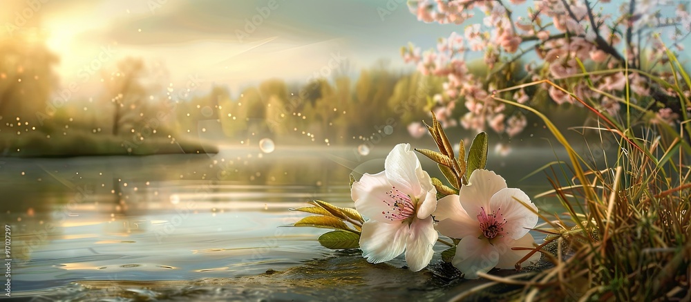 Aufkleber a pair of delicate blossoms nestled beside a tranquil riverbank against a backdrop of a scenic lands