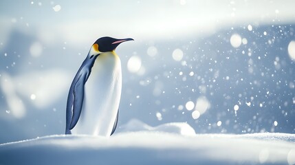 Fototapeta premium Emperor penguin standing majestic in bright Arctic landscape, pristine snow-covered ground, soft diffused sunlight, crystal clear air, light snowfall, pale blue sky.