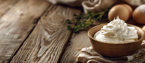 Close up of whipped egg whites and ingredients for cream or baking on a wooden table with copy space image