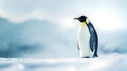 Emperor penguin standing majestic in bright Arctic landscape, pristine snow-covered ground, soft diffused sunlight, crystal clear air, light snowfall, pale blue sky.