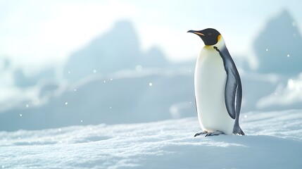 Obraz premium Emperor penguin standing majestic in bright Arctic landscape, pristine snow-covered ground, soft diffused sunlight, crystal clear air, light snowfall, pale blue sky.