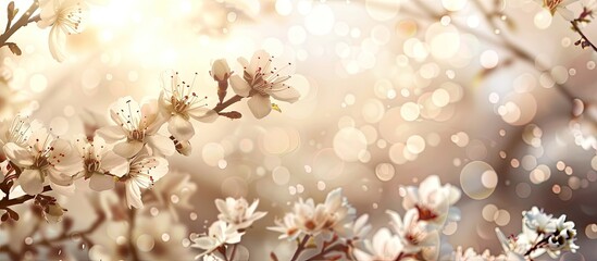 Springtime scenery with close up of a blooming branch tree set against a nature blur bokeh background in beige and brown tones creating a minimal style flowery backdrop banner with copy space image